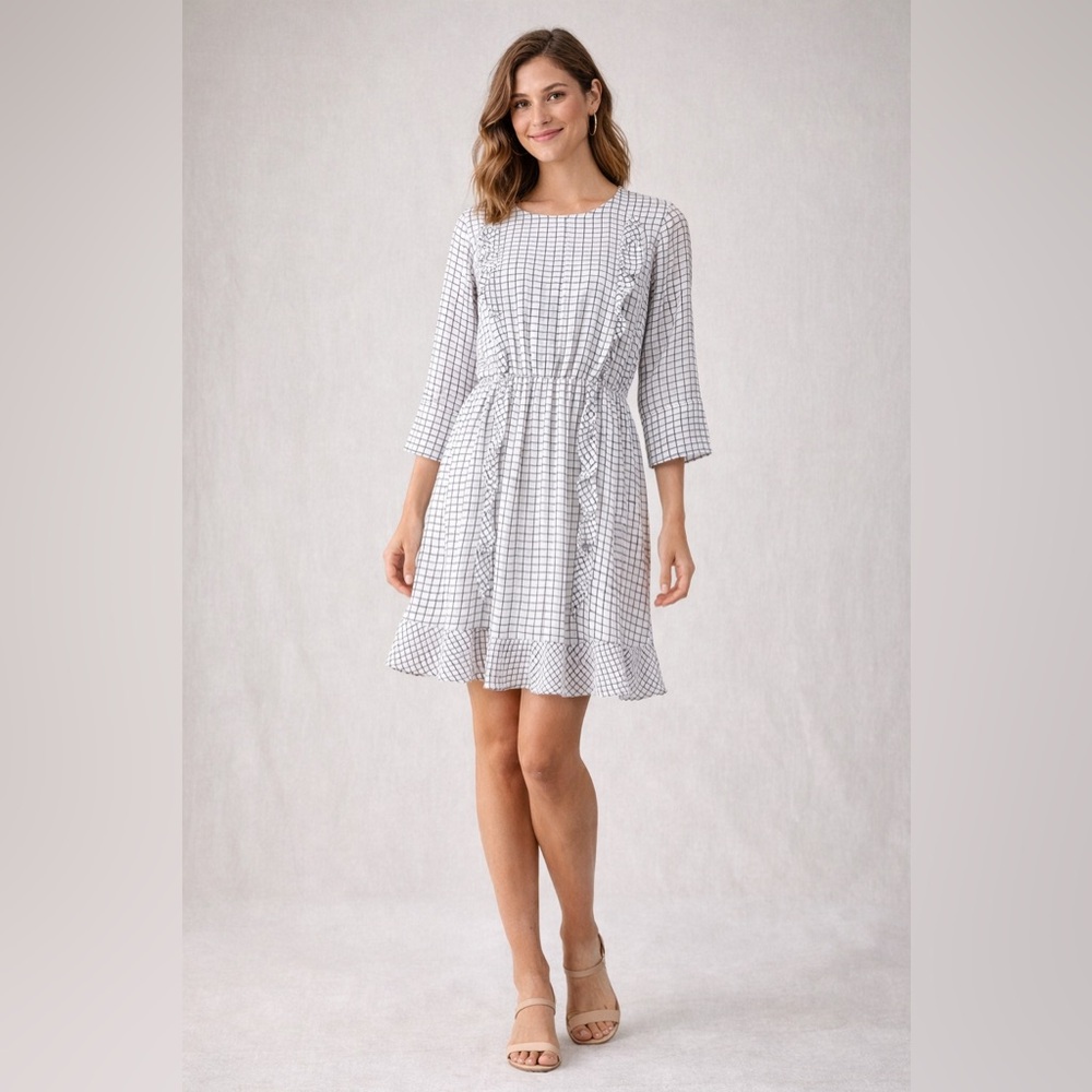 Club Monaco 💯 Silk Print Ruffle Dress Size 0 Black & White [000149]